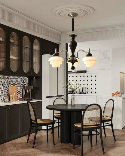 Camille Tiered Chandelier, Wood and Metal with Frosted Glass Shades