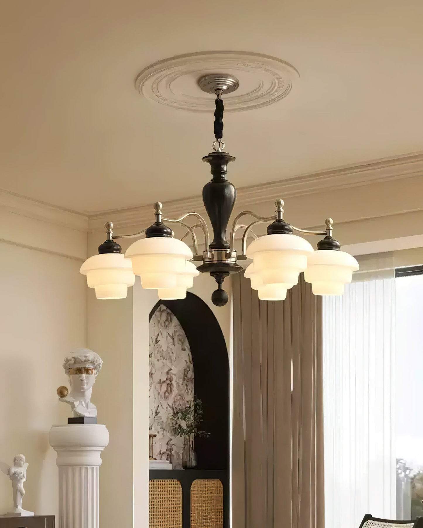 Camille Tiered Chandelier, Wood and Metal with Frosted Glass Shades