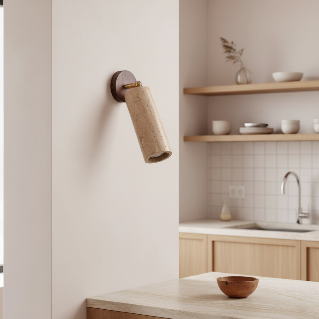 Solène Travertine Wall Lamp with Wood Base and Adjustable Metal Arm