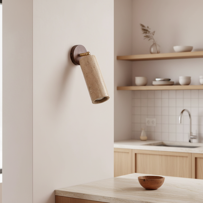 Solène Travertine Wall Lamp with Wood Base and Adjustable Metal Arm