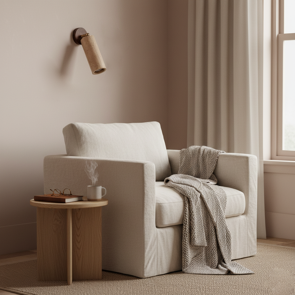 Solène Travertine Wall Lamp with Wood Base and Adjustable Metal Arm