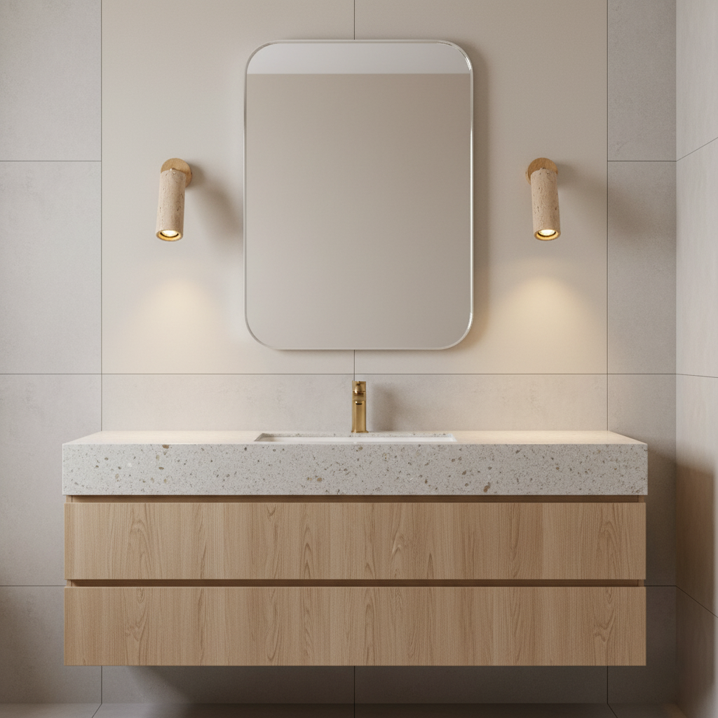 Solène Travertine Wall Lamp with Wood Base and Adjustable Metal Arm