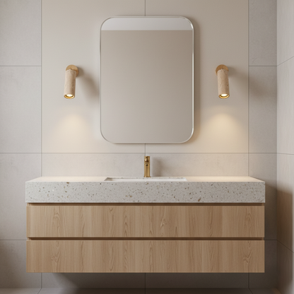 Solène Travertine Wall Lamp with Wood Base and Adjustable Metal Arm