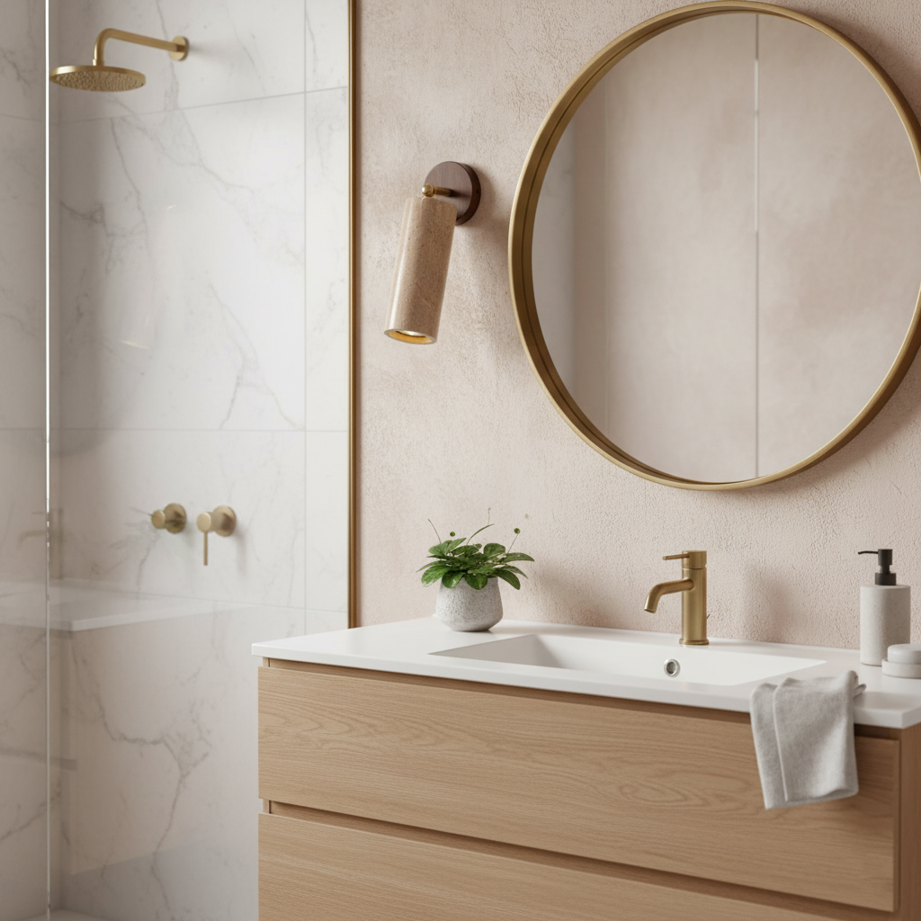 Solène Travertine Wall Lamp with Wood Base and Adjustable Metal Arm