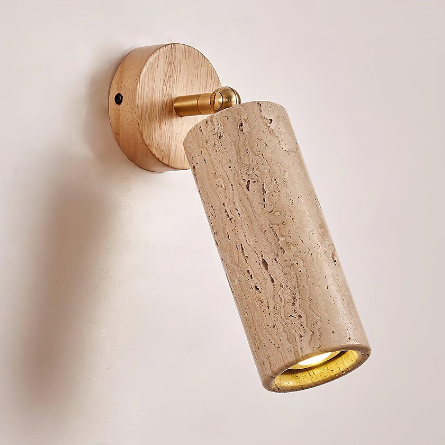 Solène Travertine Wall Lamp with Wood Base and Adjustable Metal Arm