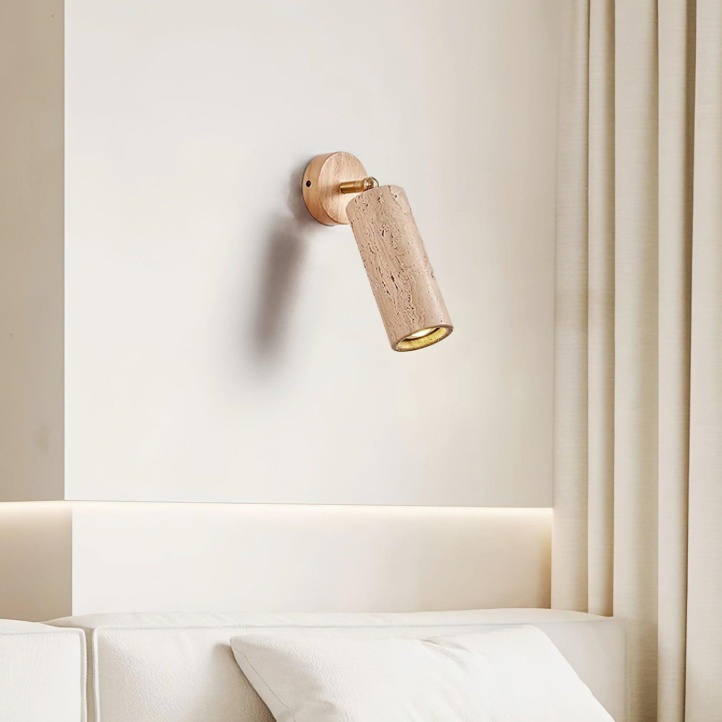 Solène Travertine Wall Lamp with Wood Base and Adjustable Metal Arm