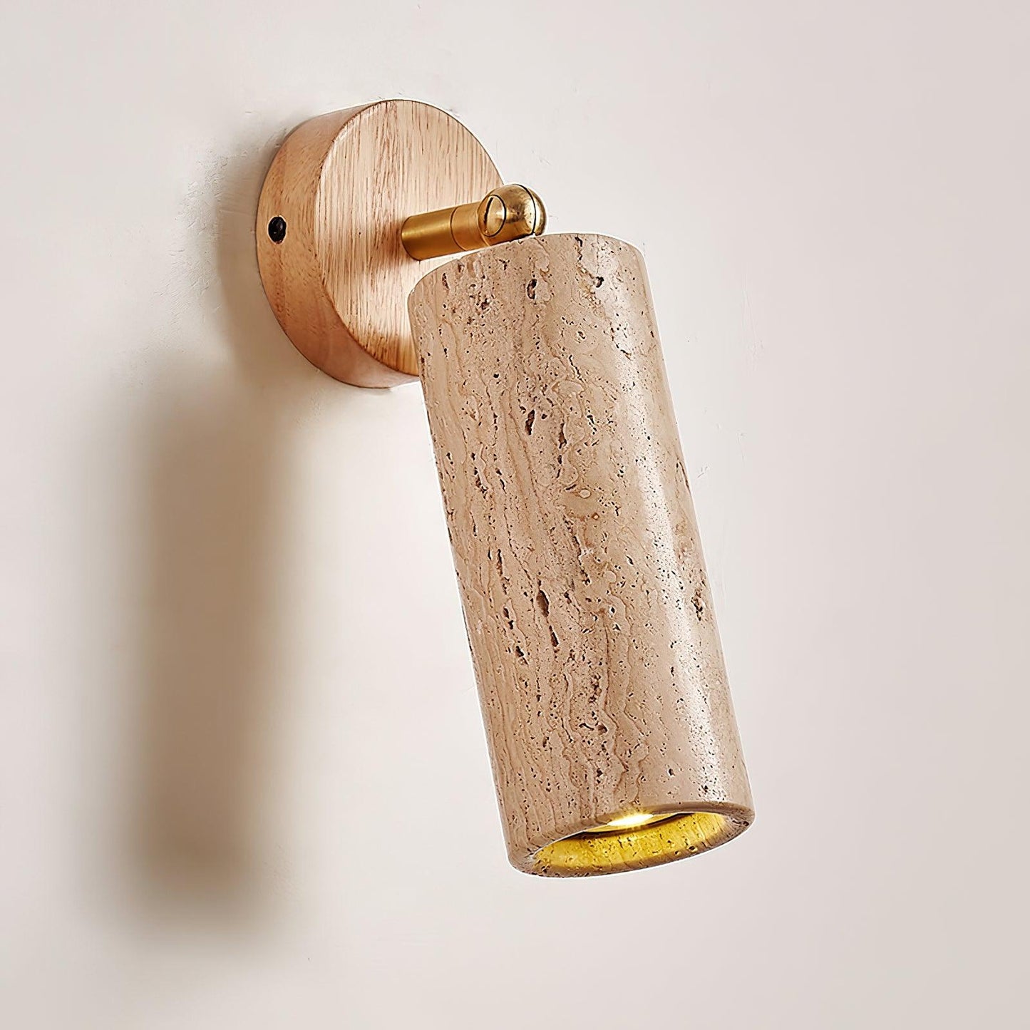 Solène Travertine Wall Lamp with Wood Base and Adjustable Metal Arm
