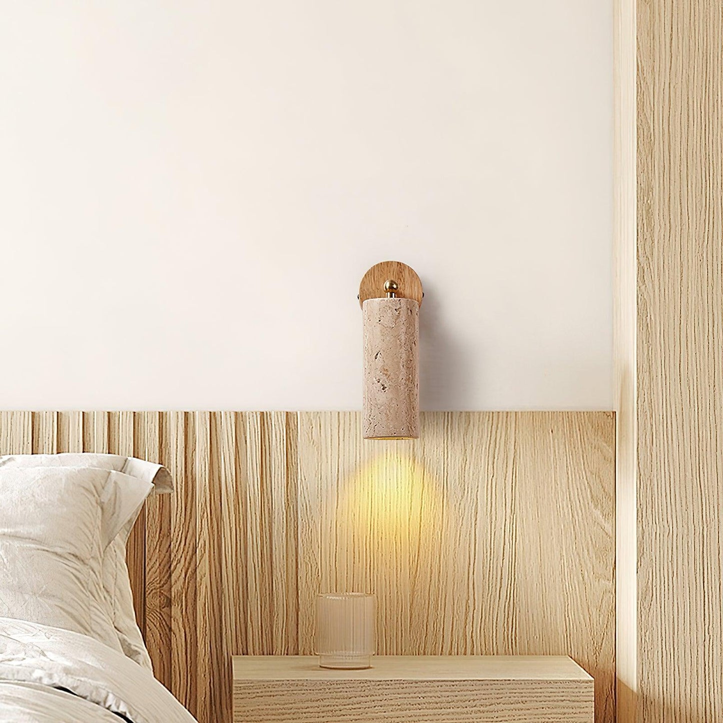 Solène Travertine Wall Lamp with Wood Base and Adjustable Metal Arm