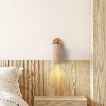 Solène Travertine Wall Lamp with Wood Base and Adjustable Metal Arm