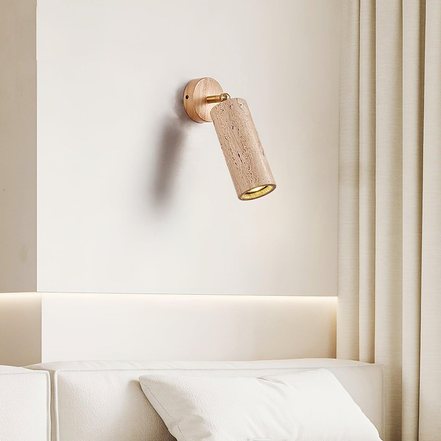Solène Travertine Wall Lamp with Wood Base and Adjustable Metal Arm