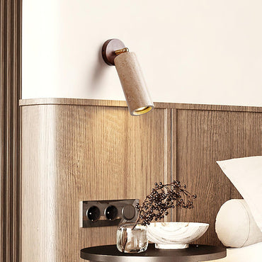 Solène Travertine Wall Lamp with Wood Base and Adjustable Metal Arm