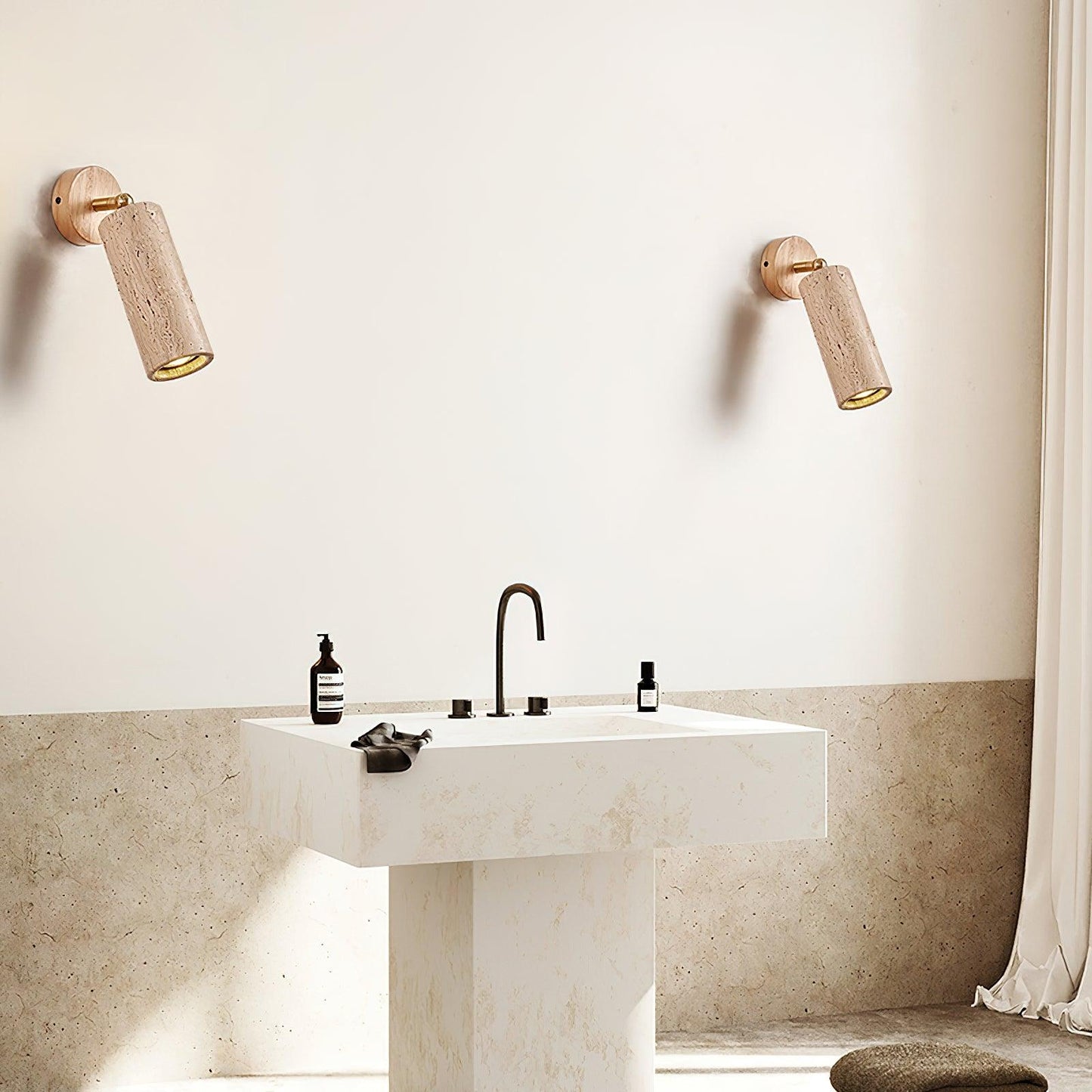 Solène Travertine Wall Lamp with Wood Base and Adjustable Metal Arm