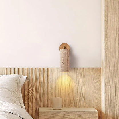 Solène Travertine Wall Lamp with Wood Base and Adjustable Metal Arm