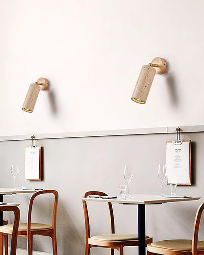Solène Travertine Wall Lamp with Wood Base and Adjustable Metal Arm