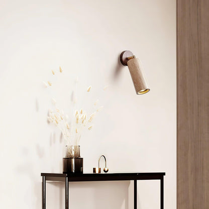 Solène Travertine Wall Lamp with Wood Base and Adjustable Metal Arm