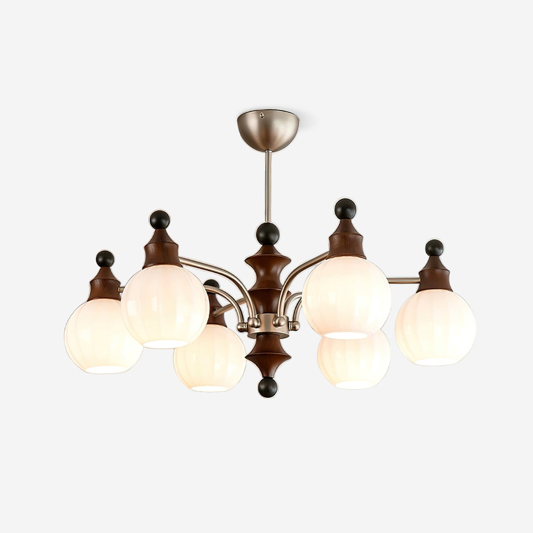 Juliette Round Chandelier, Frosted Glass Globes with Polished Wood Accents