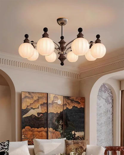 Juliette Round Chandelier, Frosted Glass Globes with Polished Wood Accents