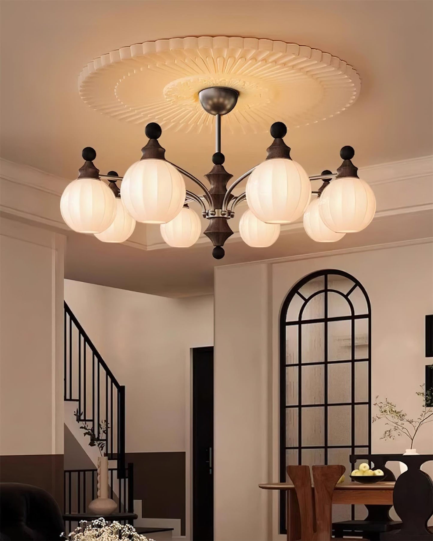 Juliette Round Chandelier, Frosted Glass Globes with Polished Wood Accents