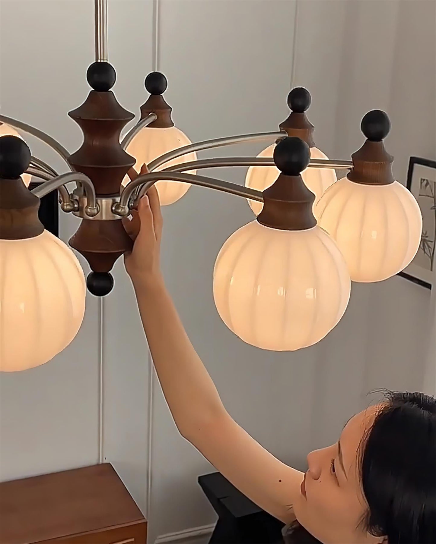 Juliette Round Chandelier, Frosted Glass Globes with Polished Wood Accents