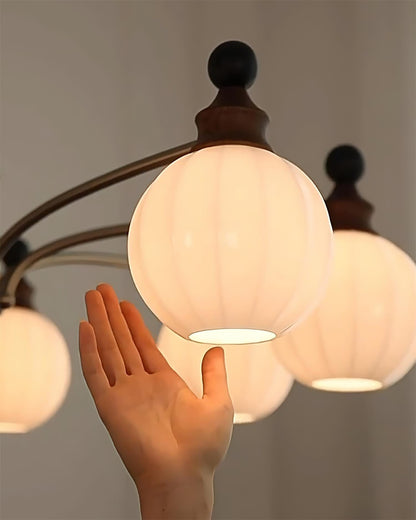 Juliette Round Chandelier, Frosted Glass Globes with Polished Wood Accents