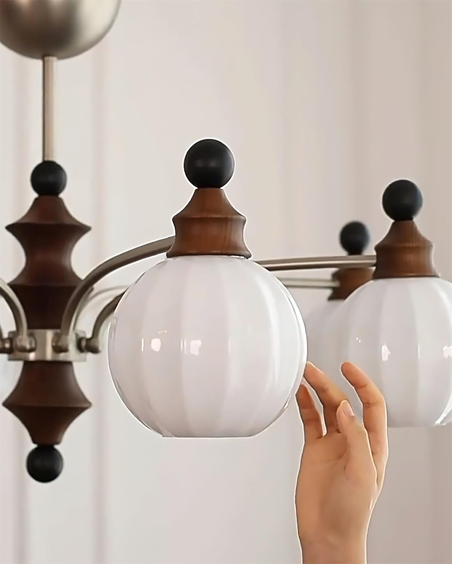 Juliette Round Chandelier, Frosted Glass Globes with Polished Wood Accents