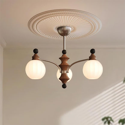 Juliette Round Chandelier, Frosted Glass Globes with Polished Wood Accents