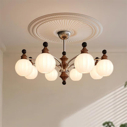 Juliette Round Chandelier, Frosted Glass Globes with Polished Wood Accents