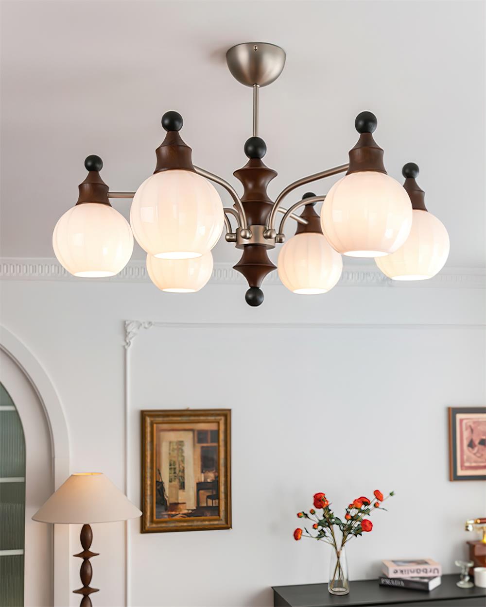Juliette Round Chandelier, Frosted Glass Globes with Polished Wood Accents