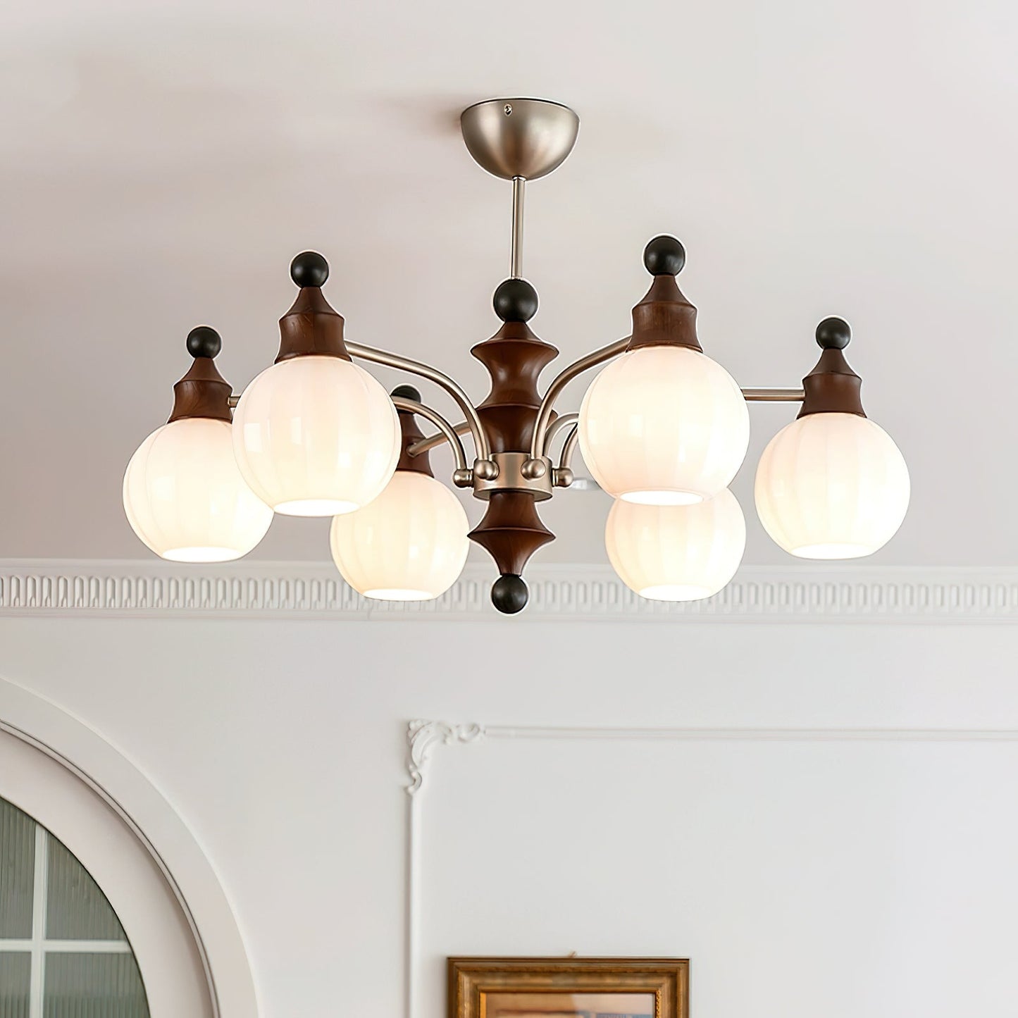 Juliette Round Chandelier, Frosted Glass Globes with Polished Wood Accents
