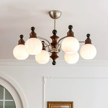 Juliette Round Chandelier, Frosted Glass Globes with Polished Wood Accents