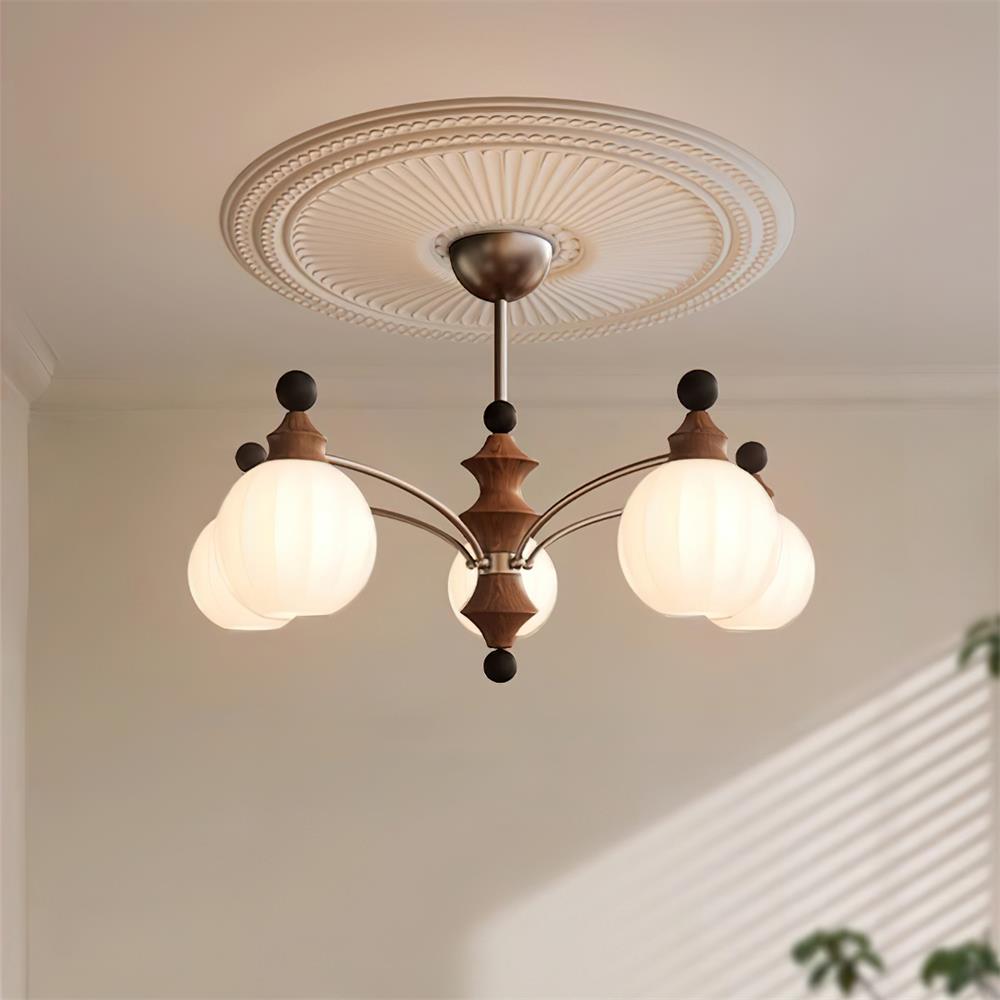 Juliette Round Chandelier, Frosted Glass Globes with Polished Wood Accents
