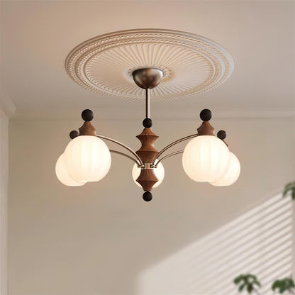 Juliette Round Chandelier, Frosted Glass Globes with Polished Wood Accents