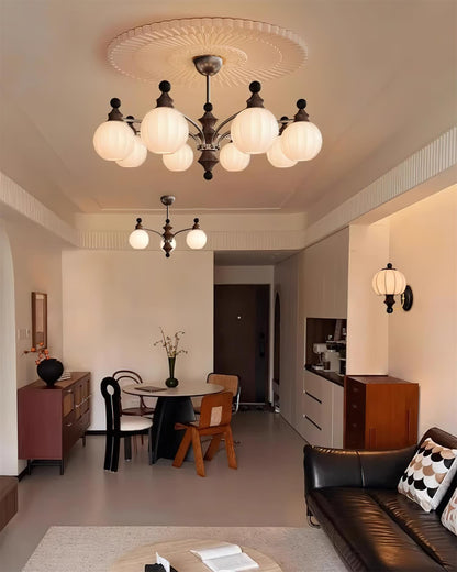 Juliette Round Chandelier, Frosted Glass Globes with Polished Wood Accents