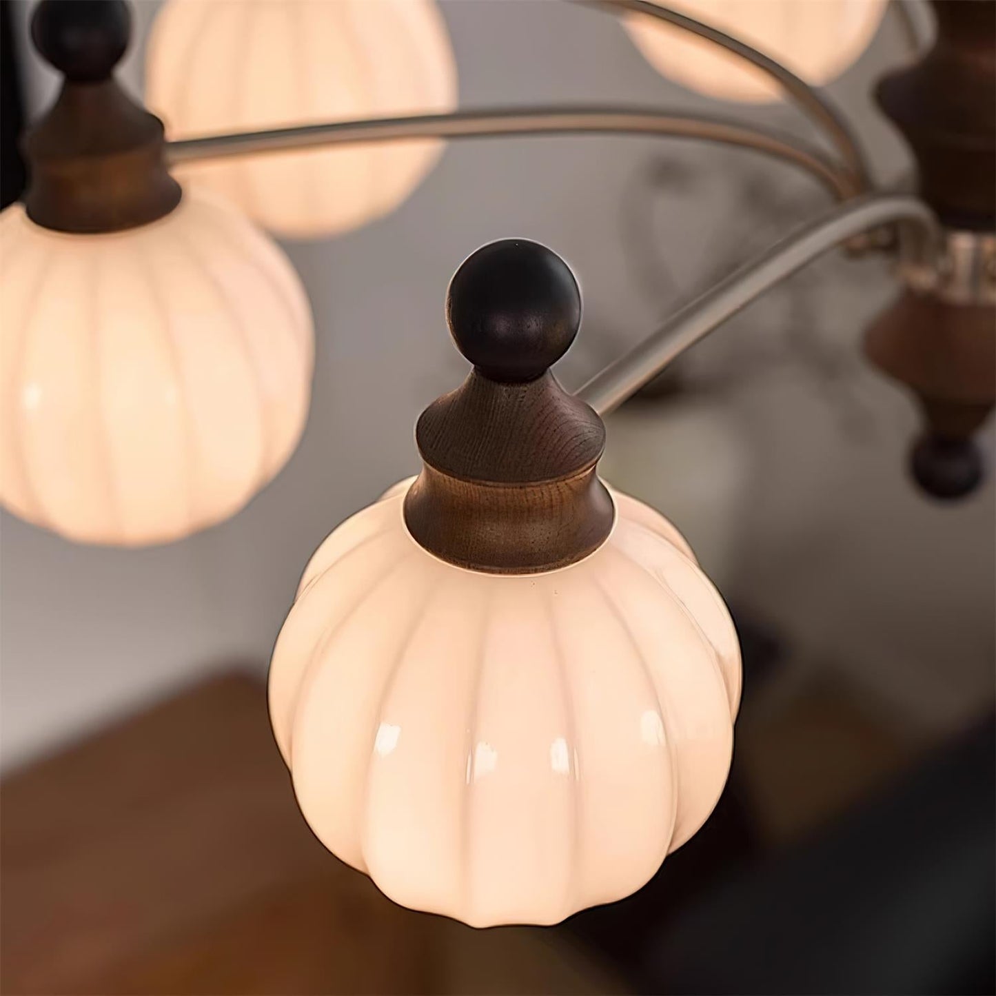 Juliette Round Chandelier, Frosted Glass Globes with Polished Wood Accents