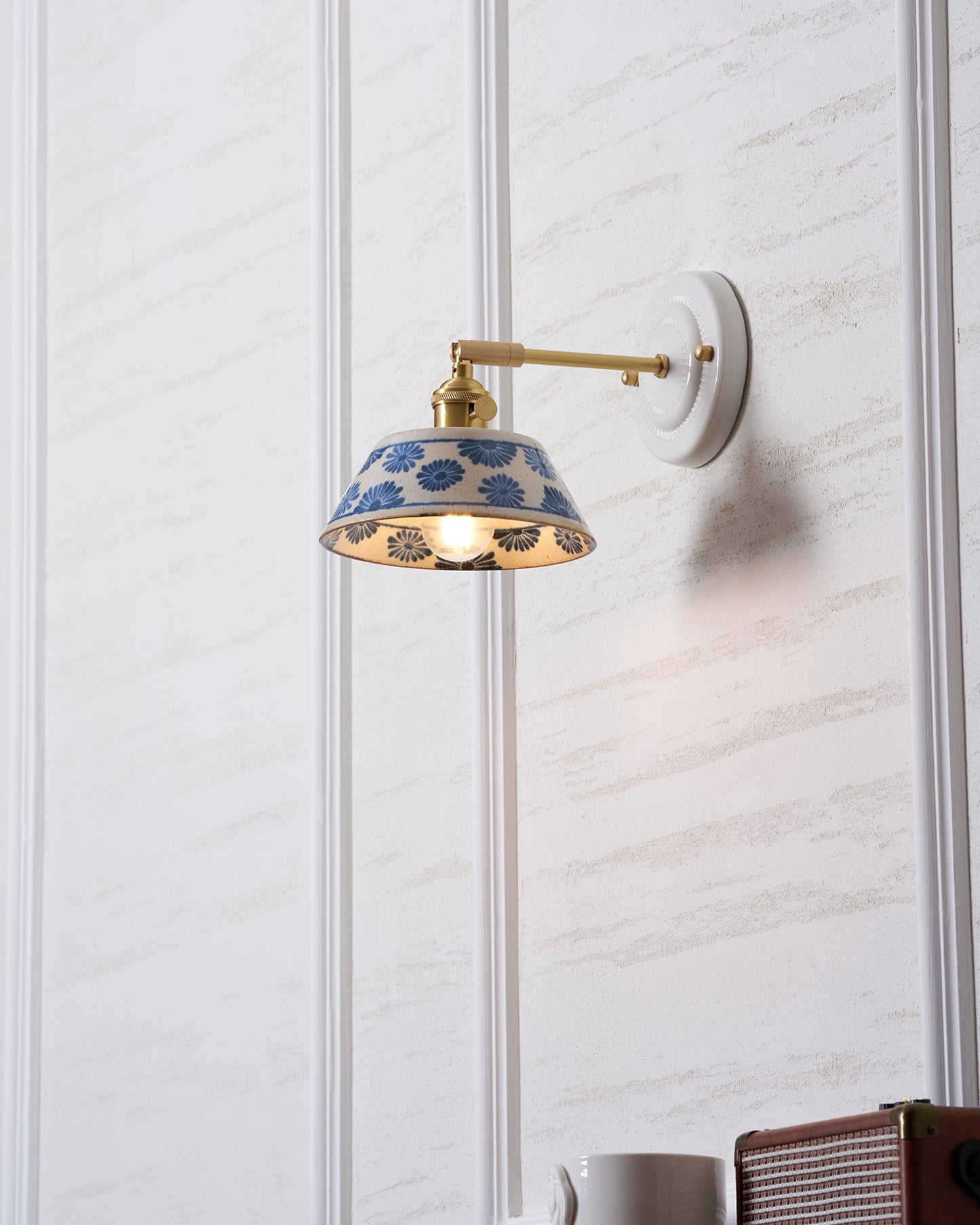 Amélie Porcelain Indigo Wall Lamp with Brass Accents