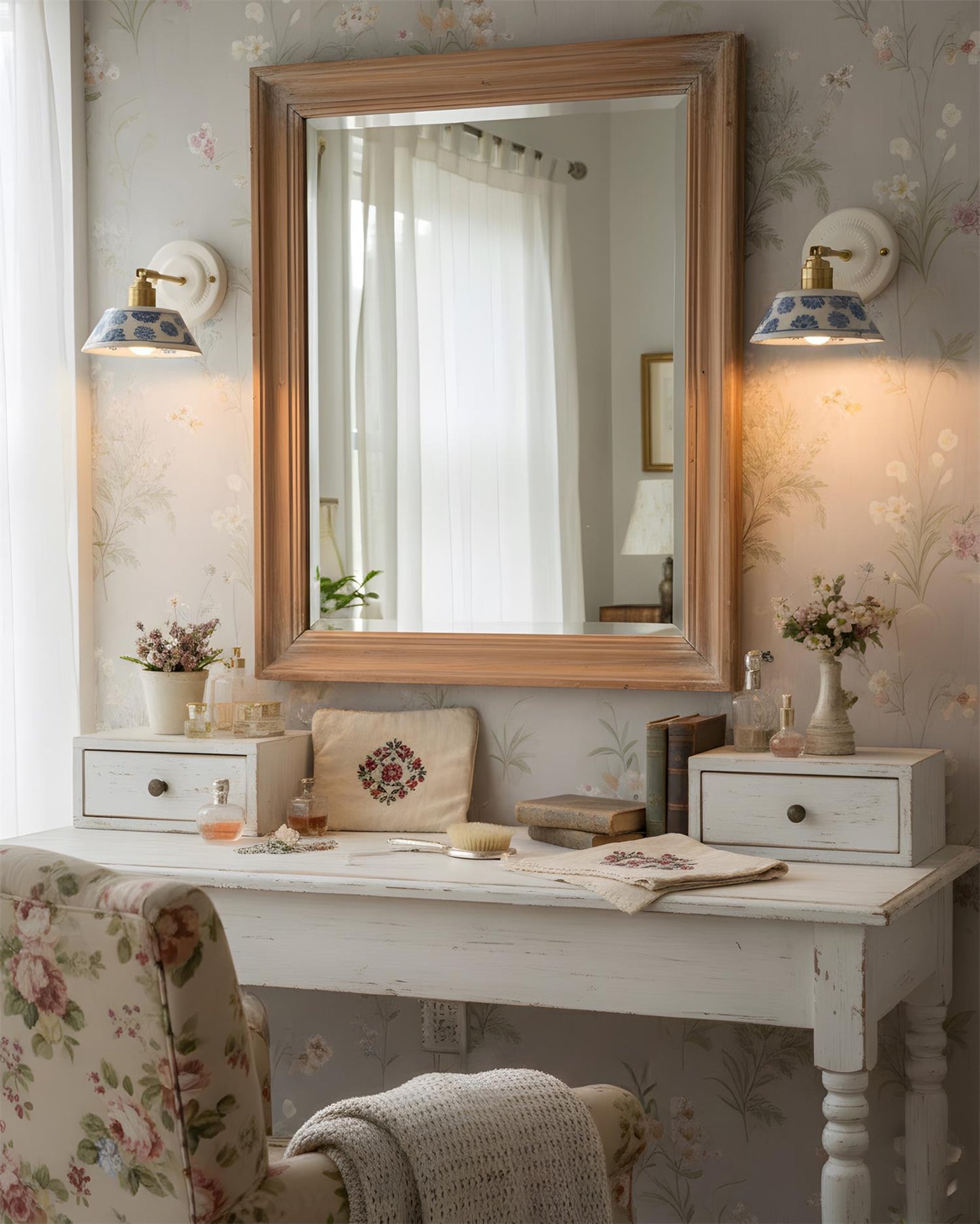 Amélie Porcelain Indigo Wall Lamp with Brass Accents
