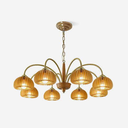 Émilie Wooden Chandelier, Ribbed Pumpkin-Inspired Shades with Metal Frame
