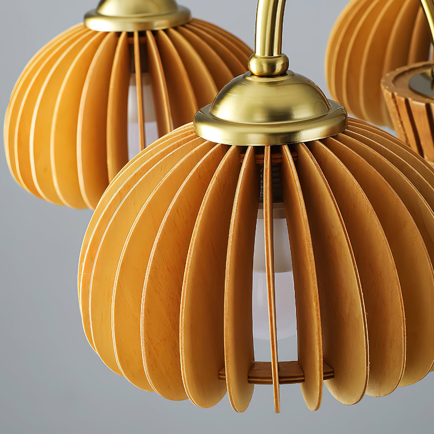 Émilie Wooden Chandelier, Ribbed Pumpkin-Inspired Shades with Metal Frame