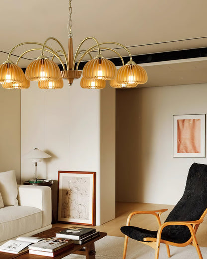 Émilie Wooden Chandelier, Ribbed Pumpkin-Inspired Shades with Metal Frame