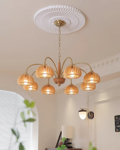 Émilie Wooden Chandelier, Ribbed Pumpkin-Inspired Shades with Metal Frame