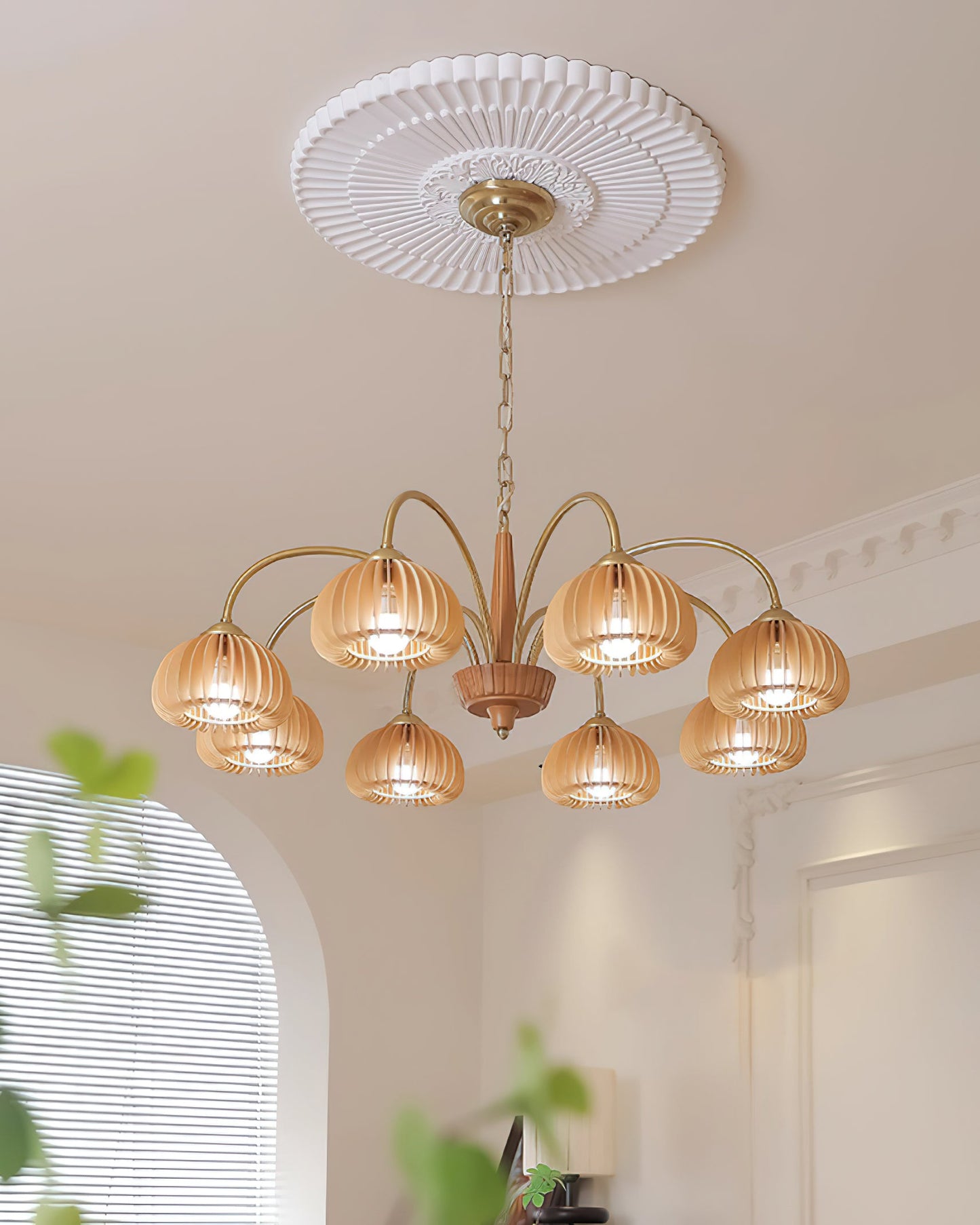 Émilie Wooden Chandelier, Ribbed Pumpkin-Inspired Shades with Metal Frame