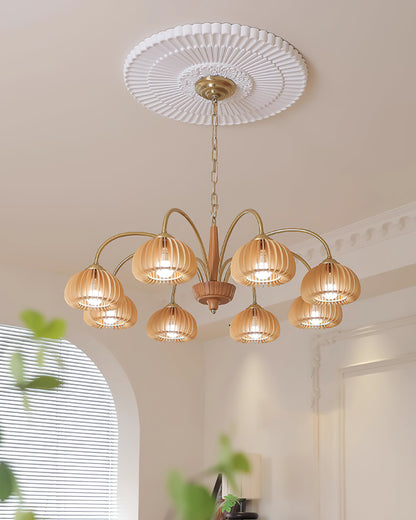 Émilie Wooden Chandelier, Ribbed Pumpkin-Inspired Shades with Metal Frame