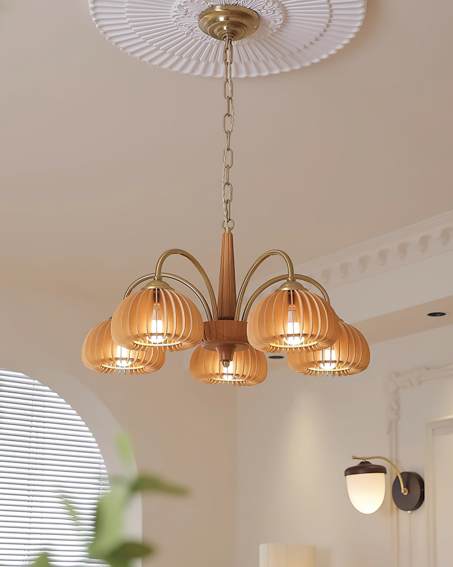 Émilie Wooden Chandelier, Ribbed Pumpkin-Inspired Shades with Metal Frame