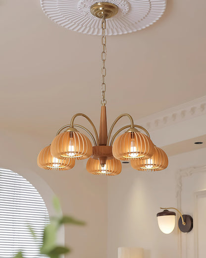 Émilie Wooden Chandelier, Ribbed Pumpkin-Inspired Shades with Metal Frame