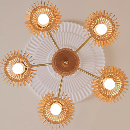 Émilie Wooden Chandelier, Ribbed Pumpkin-Inspired Shades with Metal Frame