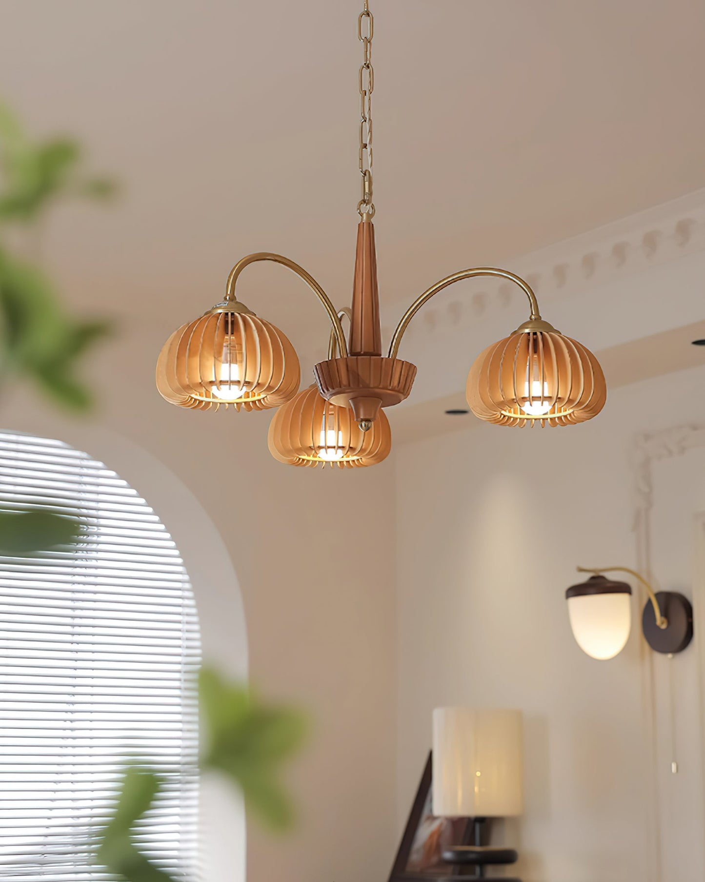 Émilie Wooden Chandelier, Ribbed Pumpkin-Inspired Shades with Metal Frame