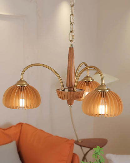 Émilie Wooden Chandelier, Ribbed Pumpkin-Inspired Shades with Metal Frame
