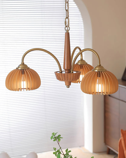 Émilie Wooden Chandelier, Ribbed Pumpkin-Inspired Shades with Metal Frame