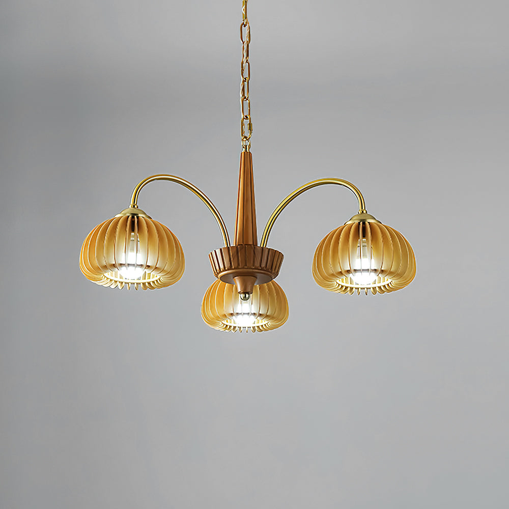 Émilie Wooden Chandelier, Ribbed Pumpkin-Inspired Shades with Metal Frame