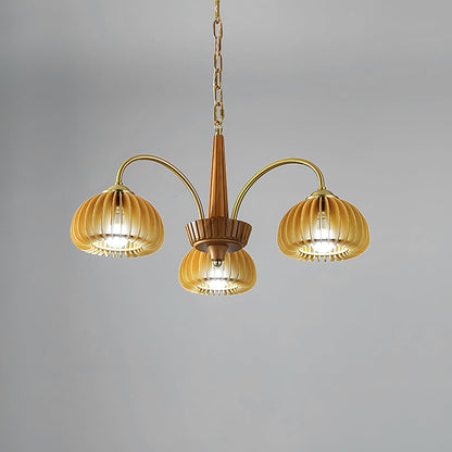 Émilie Wooden Chandelier, Ribbed Pumpkin-Inspired Shades with Metal Frame